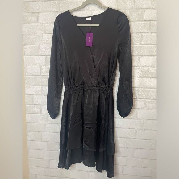 Lascana NWT Black Silk-like Dress Long Sleeved Double Layered size 6 - Picture 2 of 8